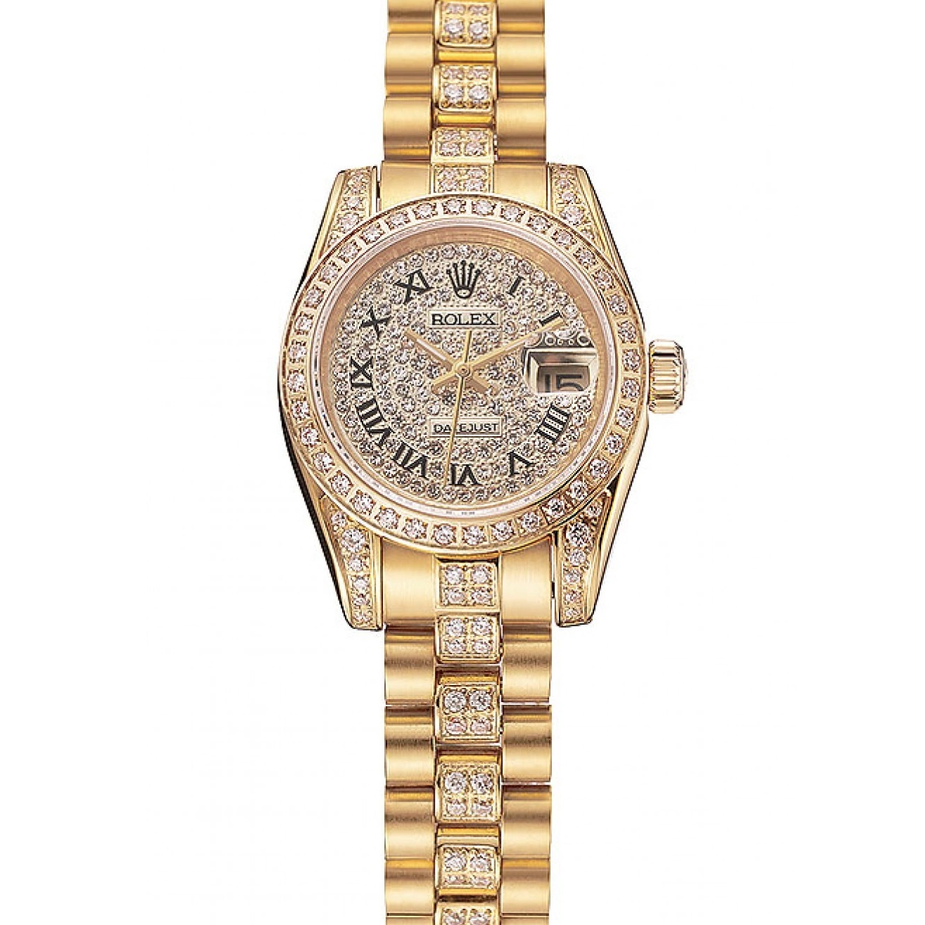 Aaa replica watch Swiss Dial Gold Diamond Rolex 1453955 DayJust Pave Bracelet Diamond 0629